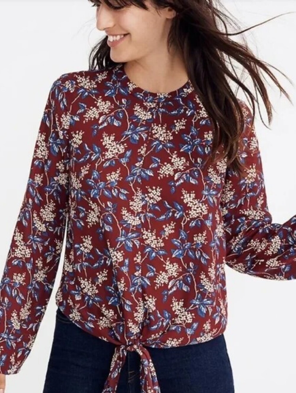 Madewell Burgundy Floral Tie-Front Blouse with Blue Accents